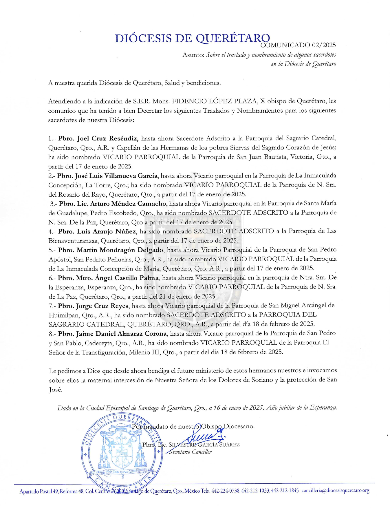 O COMUNICADO 02/2025. Asunto: Sobre el traslado y nombramiento de algunos sacerdotes en la Diócesis de Querétaro.